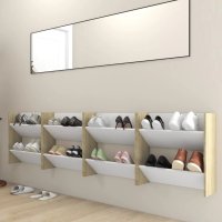 Стенни шкафове за обувки 4 бр бяло и дъб сонома 60x18x60 см ПДЧ, снимка 3 - Шкафове - 43343309