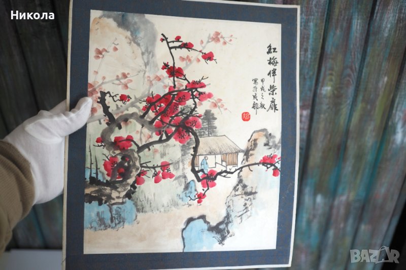 Стар японски акварел с подпис на твореца, снимка 1