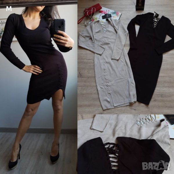 Нова колекция рокля в сив цвят от фино плетиво с връзки на намаление, снимка 1