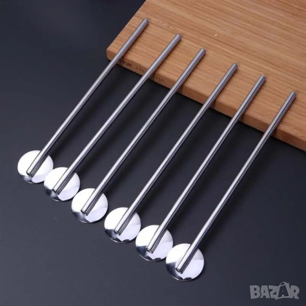 Комплект от 6 броя метални лъжици със сламки 2в1 + ПОДАРЪК ЧЕТКА , снимка 1