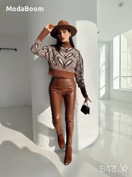 Кафяв дамски кожен панталон , снимка 1