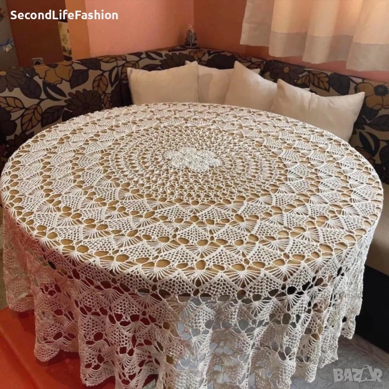Ретро ръчно плетена кухненска покривка, кръгла,160 см екрю, ретро, ​​ръчна изработка една кука , снимка 1