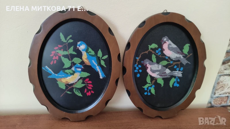 2 гобленчета с птиченца -в дървена рамка и антирефлексно стъкло, снимка 1
