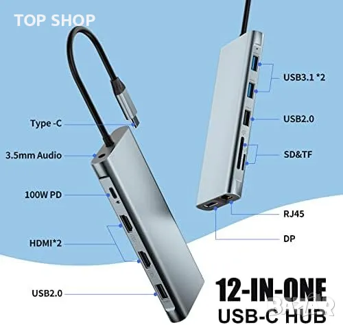 Нов 12 в 1 Мултифункционален USB C Хъб, 12 порта, Поддържа HDMI/DP, снимка 1