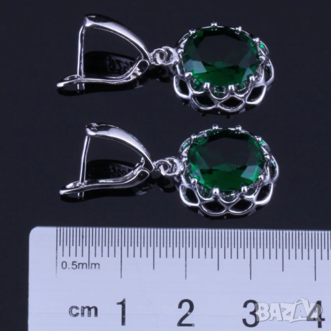 Сребърен комплект обици, колие и пръстен със смарагди, снимка 7 - Бижутерийни комплекти - 44886092