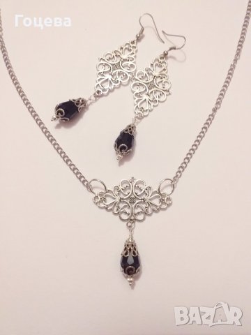 Разкошен Викториански комплект с Черни кристали и филигрирани орнаменти в цвят Сребро, снимка 7 - Бижутерийни комплекти - 28257261