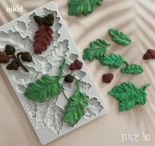 Микс есенни листа листо жълъд жълъди лешник голям силиконов молд форма фондан шоколад декор украса , снимка 3 - Форми - 48264808