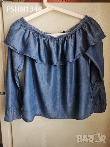 Дънкова блуза с паднали рамене , снимка 2 - Блузи с дълъг ръкав и пуловери - 38134104