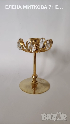 Позлатен свещник с кристални висулки+подарък свещ, снимка 2 - Декорация за дома - 52497746