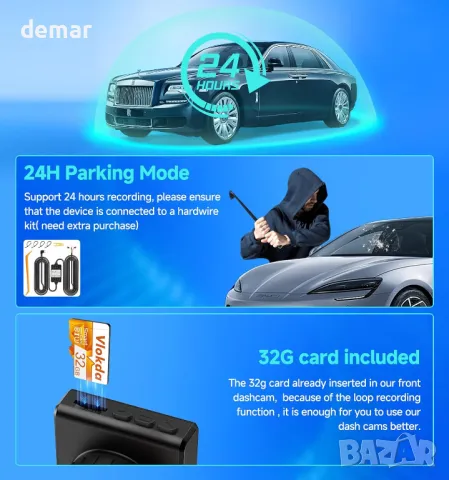 Dash Cam отпред и отзад, 1080P WiFi/APP контрол, 32GВ карта, нощно виждане, WDR, G-сензор, снимка 7 - Аксесоари и консумативи - 47338049