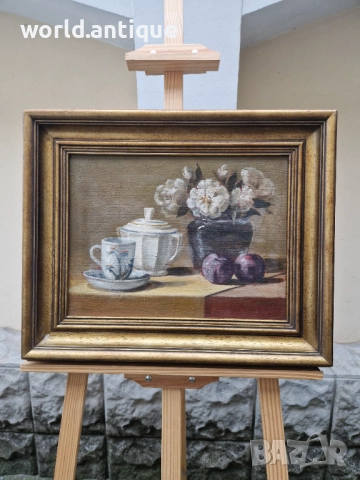 Прекрасен антикварен майсторски авторски натюрморт масло върху платно 