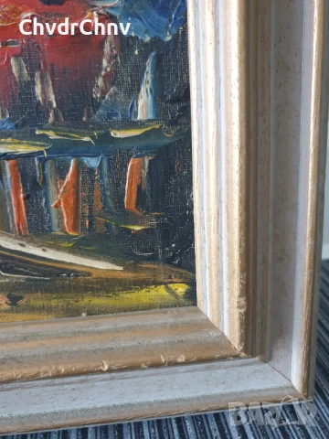 49х41см/малка стара картина масло върху платно/градски пейзаж-църква/дървена рамка, снимка 6 - Картини - 50853143