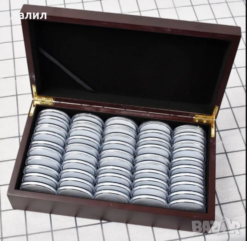 Дървена кутия за 50 монети + капсули + уплътнители за съхранение, снимка 3 - Нумизматика и бонистика - 52182893