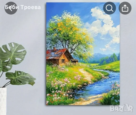 Рустик Къщичка и Ландшафт с Диви Цветя, Живописен Природен Пейзаж, снимка 2 - Картини - 50841577