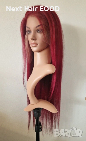 Естествена дантелена перука 80 см - 200% плътност, 13x6 Lace, бургунди тъмно червена права коса, снимка 2 - Аксесоари за коса - 53294690