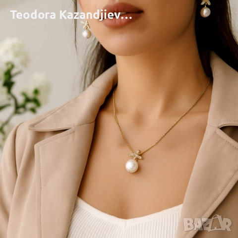 Комплект колие и обеци с перли и панделки, снимка 3 - Бижутерийни комплекти - 51450424