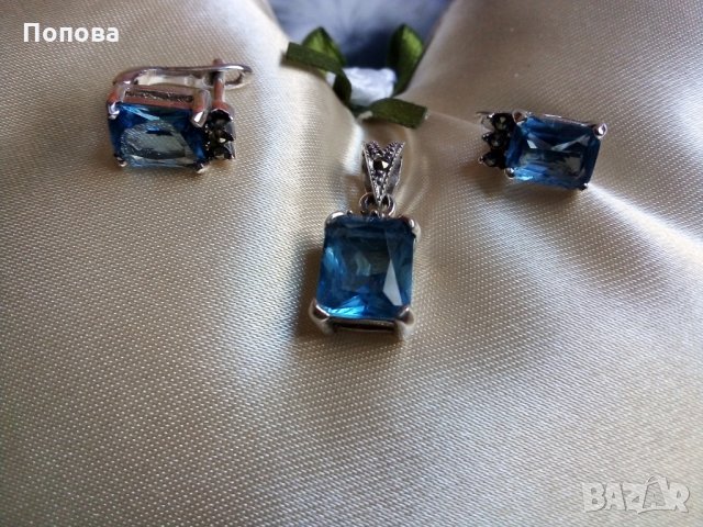 Сребърен комплект  с топази и марказити/обеци и медальон/, снимка 4 - Бижутерийни комплекти - 28975663