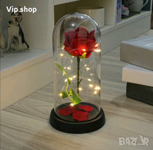 Вечна роза в стъкленица с LED лампички в подаръчна кутия подарък за Свети Валентин 