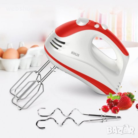 Ръчен Миксер MUHLER 300W, 5 скорости + TURBO, Червен/Бял , Гаранция 24 месеца 