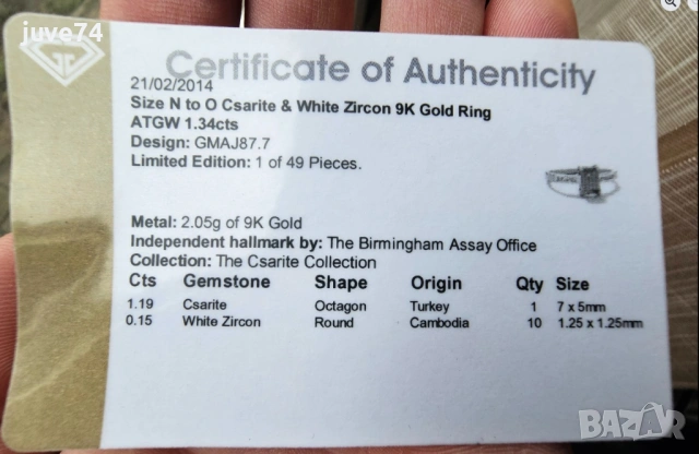 ЗЛАТЕН ПРЪСТЕН С ЕСТЕСТВЕН СУЛТАНИТ (ТУРЦИЯ) СЕРТИФИКАТ, снимка 7 - Пръстени - 53493630