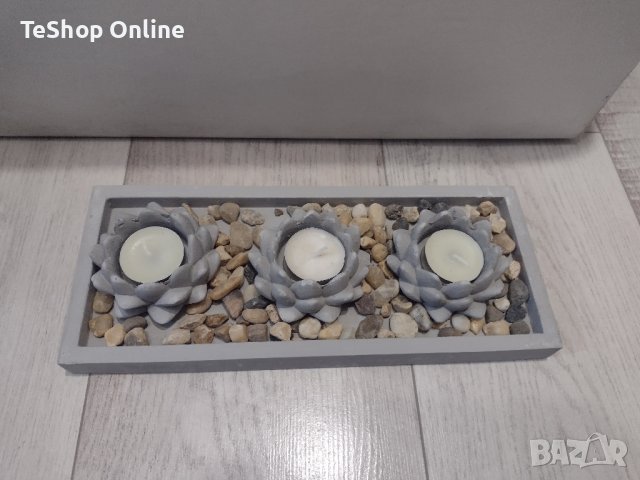 Свещник 3 броя свещи с декорация камъни и бял пясък, снимка 4 - Декорация за дома - 43422449