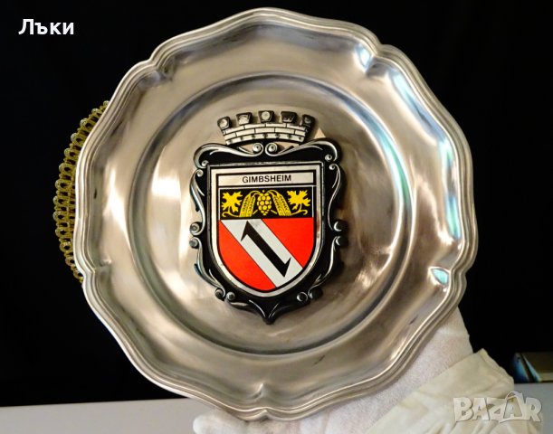 Чиния за стена,пано от калай с герб на Gimbsheim , снимка 2 - Антикварни и старинни предмети - 38068343
