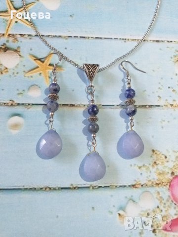 Новият ни Бохо шик комплект бижута обеци и колие с Аквамарин и Содалит и орнаменти цвят сребро