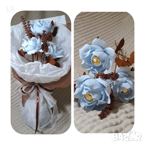 Букети от крепхартия и бонбони, снимка 2 - Изкуствени цветя - 53135078