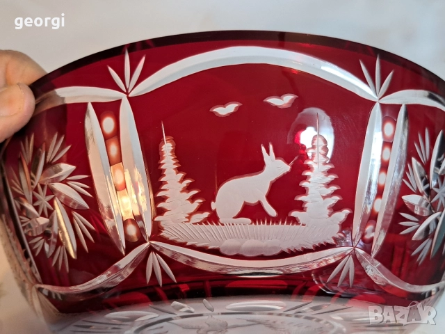 голяма кристална купа с ловни мотиви Bohemia рубинен кристал , снимка 4 - Декорация за дома - 51951133