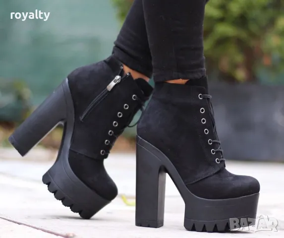 Боти на ток - черен велур с черно ходило, снимка 3 - Дамски боти - 49893904