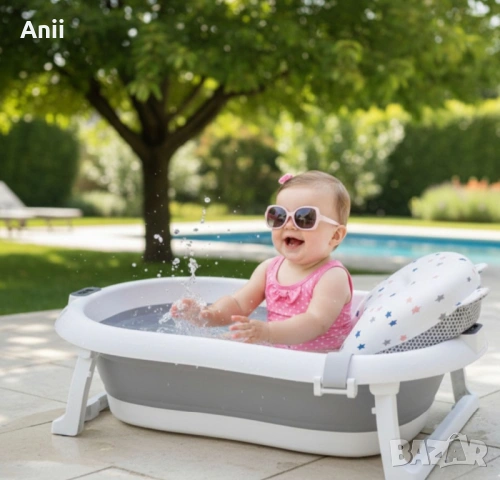 Сгъваема бебешка вана с термометър и възглавница, снимка 2 - За банята - 53492286