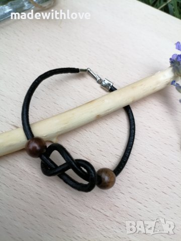 Ръчно изработена гривна, кожа, дърво, снимка 3 - Гривни - 43251998