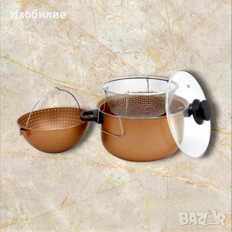 Тенджера с гевгир и кошница за пържене Voltz, 24*12.5см., Меден\въгл. стомана с незалеп. покр., снимка 3 - Съдове за готвене - 52373698