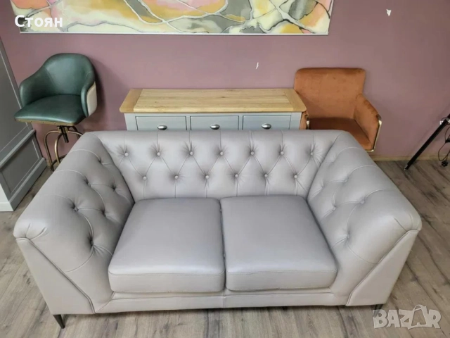 Сив кожен диван двойка тип Честърфийлд, снимка 10 - Дивани и мека мебел - 52825931