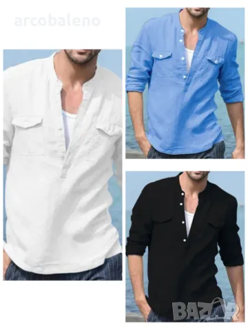 Мъжка едноцветна памучна риза с джобове, 3цвята 