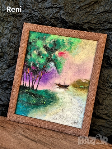 Езерото, картина оригинал, пастел, снимка 3 - Картини - 52824358