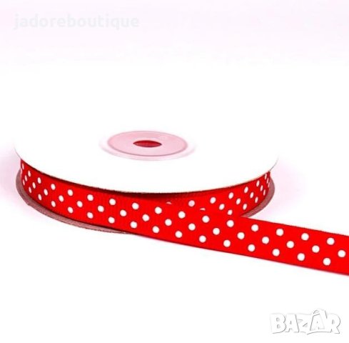 Текстилна панделка червена на бели точки - 1 метър