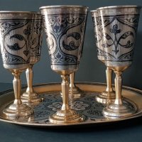 Сервиз 6 сребърни Чашки Чаши ниело позлата Руски Русия сребърна чаша, снимка 5 - Антикварни и старинни предмети - 34822243
