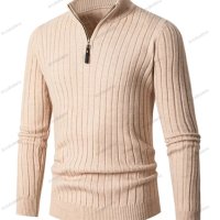Мъжки ежедневен едноцветен еластичен плетен пуловер с кръгла яка, 5цвята - 023, снимка 3 - Пуловери - 43343538