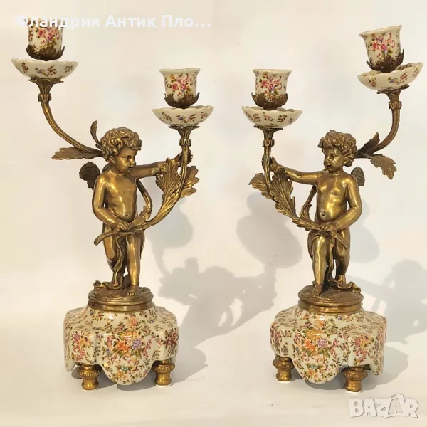 Свещници ангели порцелан и бронз, снимка 1