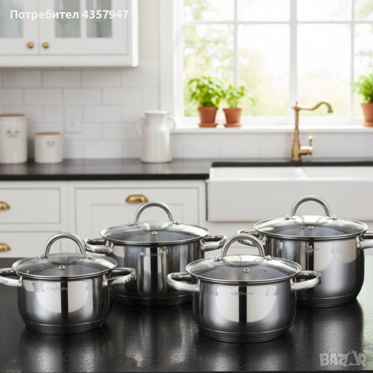 Комплект тенджери Cheffinger – 8 части от инокс с капаци, подходящи за всички видове котлони, снимка 1