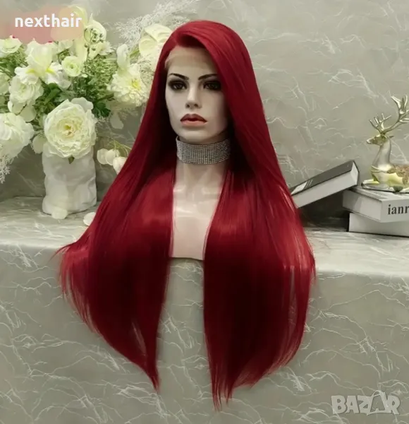 Тъмно червена бордо синтетична перука с дантела лейс фронт, снимка 1
