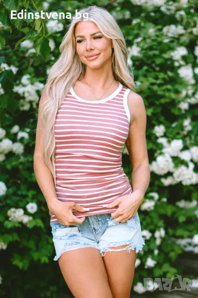 Дамски розов топ на бяло райе, снимка 1