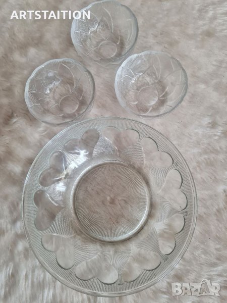 Фруктиера стъклена прозрачна с три купички и стъклена купичка от дебело стъкло , снимка 1