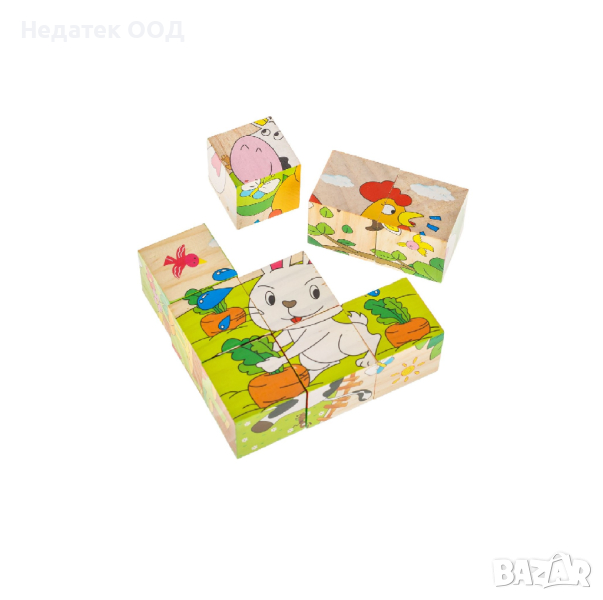 Дървени кубчета, пъзел Farm Animals, 9 части, 10,3x10,3x3,5 cm, снимка 1