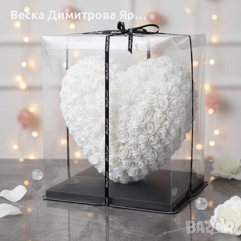 Декоративно сърце от изкуствени рози в подаръчна кутия, снимка 4 - Други - 53046544