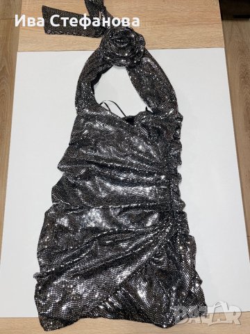 Нова парти коктейлна официална рокля сребърен блясък черна 3D 3Д цвете 