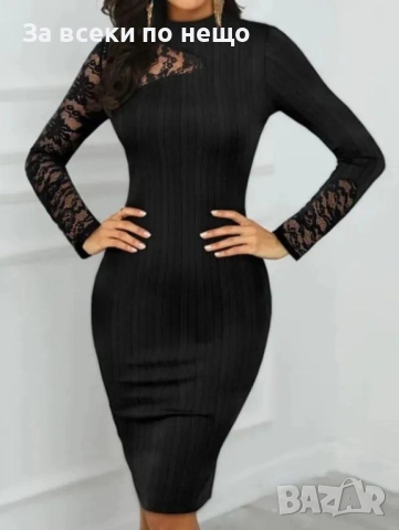 Дамска Права Рокля С Дантела От Черно Еластично Рипсено Трико Код S392, снимка 2 - Рокли - 52729901