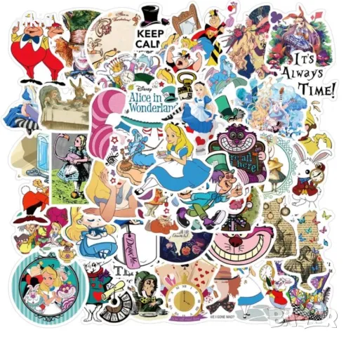 50 бр Алиса в страната на чудесата големи самозалепващи лепенки стикери украса картонена торта ръчна, снимка 10 - Други - 35614081