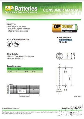 GP Високоволтова батерия A23 / MN21 / LRV08 / V23GA Алк. 12 V (5 бр.), снимка 3 - Друга електроника - 43063790